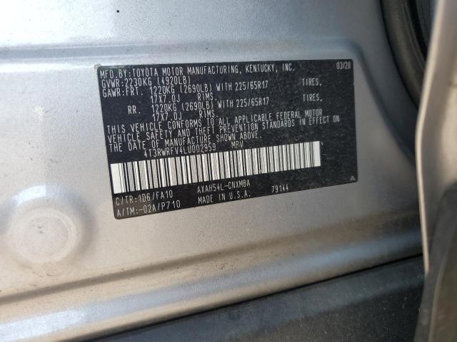 4T3RWRFV4LU002959 - 2020 TOYOTA RAV4 XLE SILVER photo 13