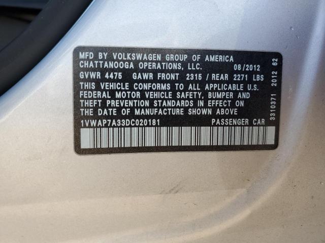 1VWAP7A33DC020181 - 2013 VOLKSWAGEN PASSAT S ვერცხლისფერი ფოტო 12