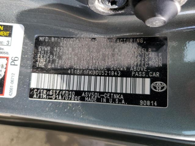 4T1BF1FK3CU521843 - 2012 TOYOTA CAMRY BASE GRAY photo 13