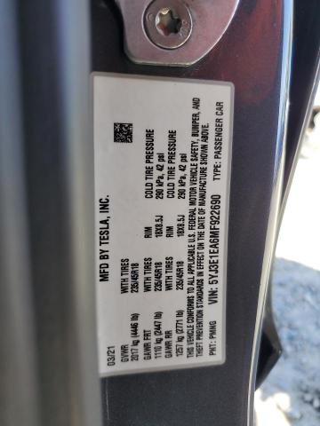 5YJ3E1EA6MF922690 - 2021 TESLA MODEL 3 GRAY photo 12