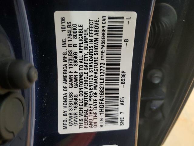 1HGFA16827L013773 - 2007 HONDA CIVIC EX BLUE photo 12