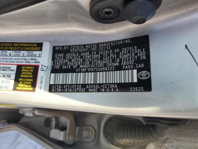 4T1BF1FK7CU066222 - 2012 TOYOTA CAMRY BASE 银色 照片 13