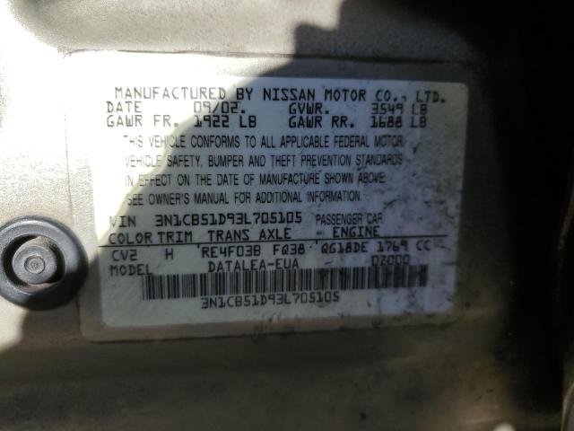 3N1CB51D93L705105 - 2003 NISSAN SENTRA XE GOLD photo 12