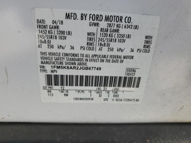 1FM5K8AR2JGB67749 - 2018 FORD EXPLORER POLICE INTERCEPTOR Blanc photo 13