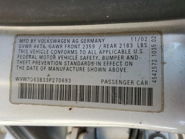 WVWPD63B33P270693 - 2003 VOLKSWAGEN PASSAT GLS ვერცხლისფერი ფოტო 12