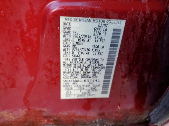 5N1AR18WX7C637541 - 2007 NISSAN PATHFINDER LE RED photo 13