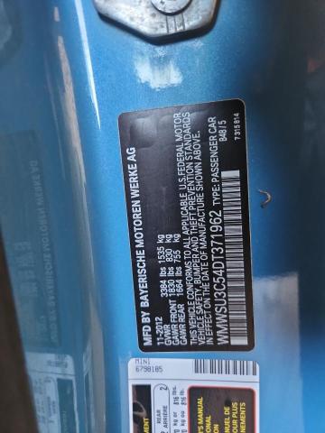 WMWSU3C54DT371962 - 2013 MINI COOPER BLUE photo 12