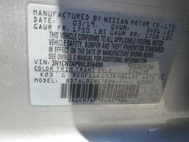3N1CN7AP9KL859406 - 2019 NISSAN VERSA S SILVER photo 13