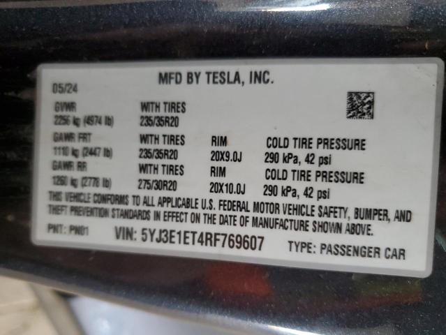 5YJ3E1ET4RF769607 - 2024 TESLA MODEL 3 Қара фото 12
