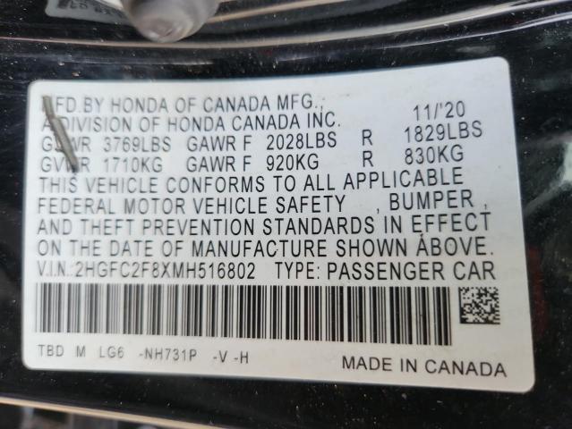 2HGFC2F8XMH516802 - 2021 HONDA CIVIC SPORT Қара фото 12