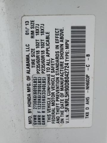 5FNRL5H90DB042724 - 2013 HONDA ODYSSEY TOURING WHITE photo 13