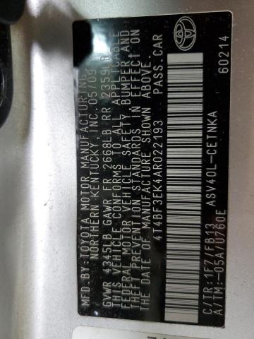 4T4BF3EK4AR022193 - 2010 TOYOTA CAMRY BASE Gümüş fotoğraf 12
