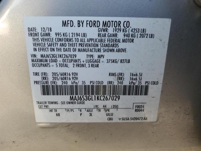 MAJ6S3GL1KC267029 - 2019 FORD ECOSPORT SE Plata foto 12