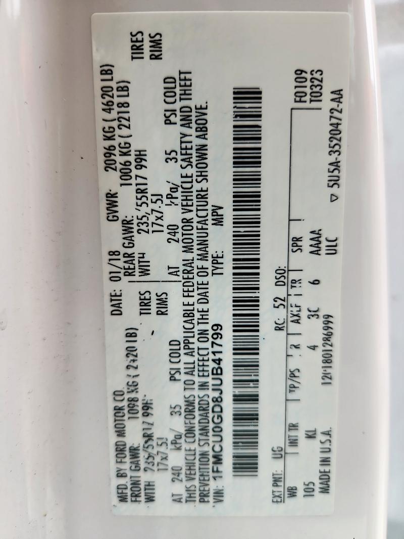 1FMCU0GD8JUB41799 - 2018 FORD ESCAPE SE WHITE photo 13