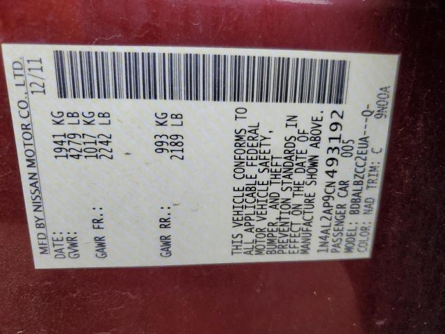1N4AL2AP9CN493192 - 2012 NISSAN ALTIMA BASE RED photo 12