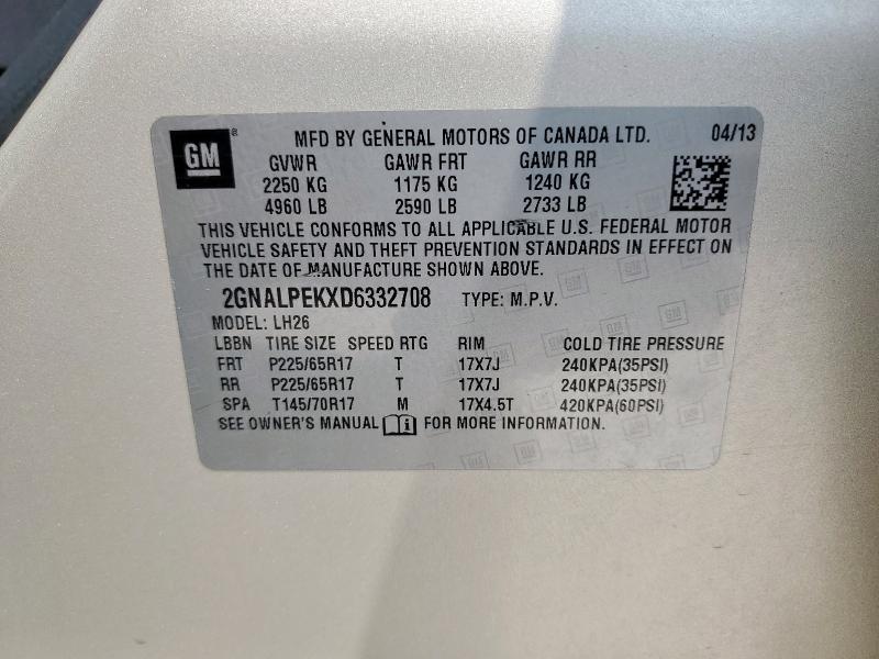 2GNALPEKXD6332708 - 2013 CHEVROLET EQUINOX LT GRAY photo 14