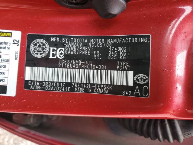 2T1BU40E99C104084 - 2009 TOYOTA COROLLA BASE წითელი ფოტო 12