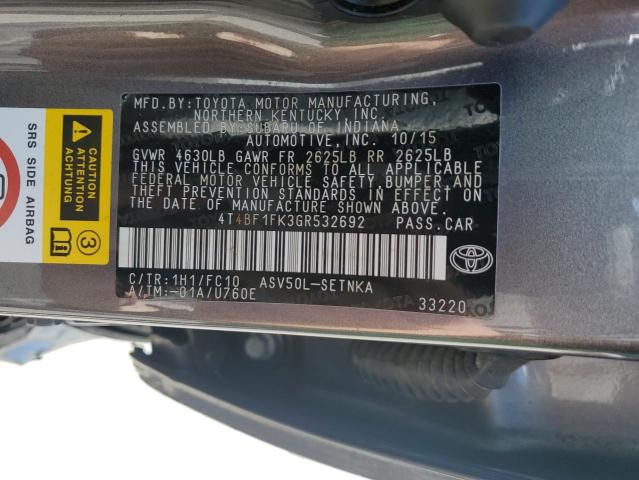 4T4BF1FK3GR532692 - 2016 TOYOTA CAMRY LE GRAY photo 12