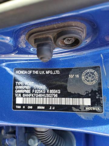 SHHFK7G46HU302796 - 2017 HONDA CIVIC SPORT BLUE photo 12