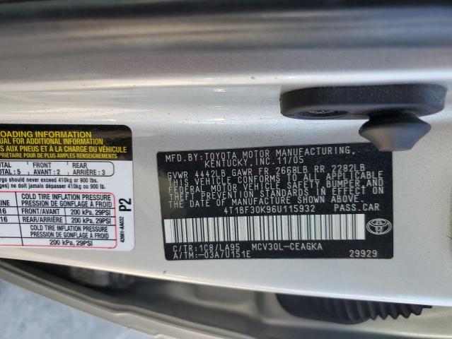 4T1BF30K96U115932 - 2006 TOYOTA CAMRY LE ვერცხლისფერი ფოტო 12