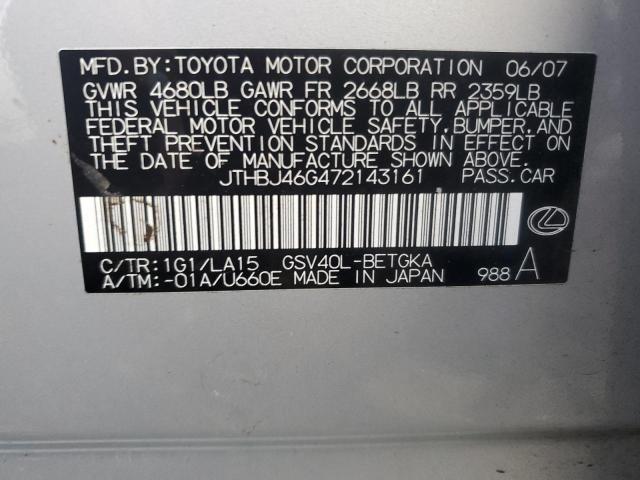 JTHBJ46G472143161 - 2007 LEXUS ES 350 SILVER photo 12