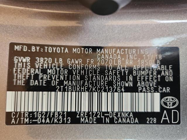 2T1BURHE7KC213764 - 2019 TOYOTA COROLLA L GRAY photo 12