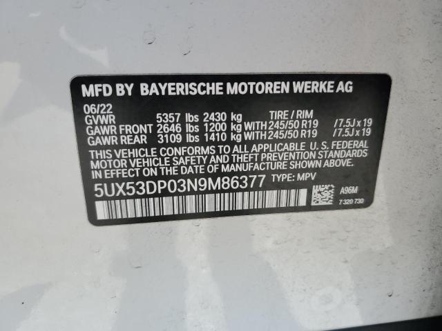 5UX53DP03N9M86377 - 2022 BMW X3 XDRIVE30I WHITE photo 13