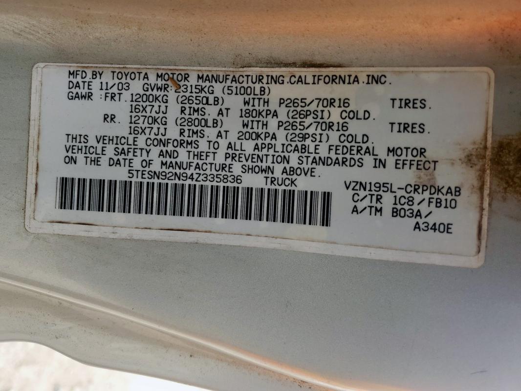 5TESN92N94Z335836 - 2004 TOYOTA TACOMA XTRACAB PRERUNNER ოქროსფერი ფოტო 12