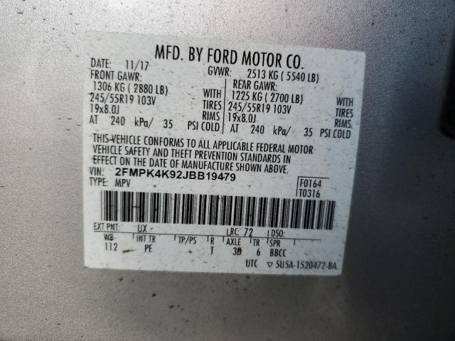 2FMPK4K92JBB19479 - 2018 FORD EDGE TITANIUM SILVER photo 13