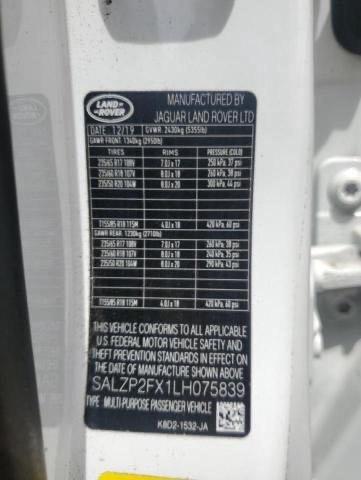 SALZP2FX1LH075839 - 2020 LAND ROVER RANGE ROVE SE WHITE photo 10