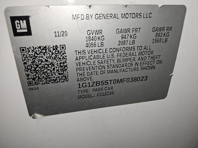 1G1ZB5ST0MF038023 - 2021 CHEVROLET MALIBU LS Blanc photo 12