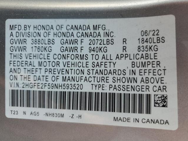 2HGFE2F59NH593520 - 2022 HONDA CIVIC SPORT SILVER photo 12