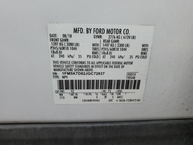 1FM5K7D82JGC72837 - 2018 FORD EXPLORER XLT Blanco foto 13