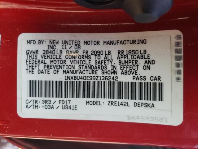 1NXBU40E99Z136242 - 2009 TOYOTA COROLLA BASE MAROON photo 13