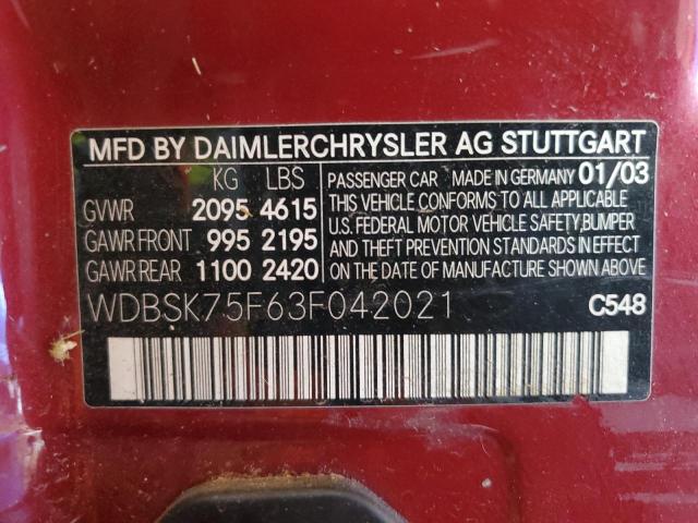 WDBSK75F63F042021 - 2003 MERCEDES-BENZ SL 500R أحمر صورة 12