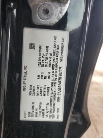 5YJ3E1EAXMF907075 - 2021 TESLA MODEL 3 Чорний фото 13