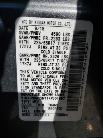 JN8AT2MT1KW501897 - 2019 NISSAN ROGUE S ნაცრისფერი ფოტო 14