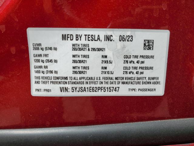 5YJSA1E62PF515747 - 2023 TESLA MODEL S Қызыл фото 12