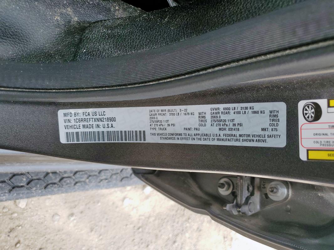 1C6RREFTXNN218900 - 2022 RAM 1500 BIG HORN/LONE STAR CHARCOAL photo 12