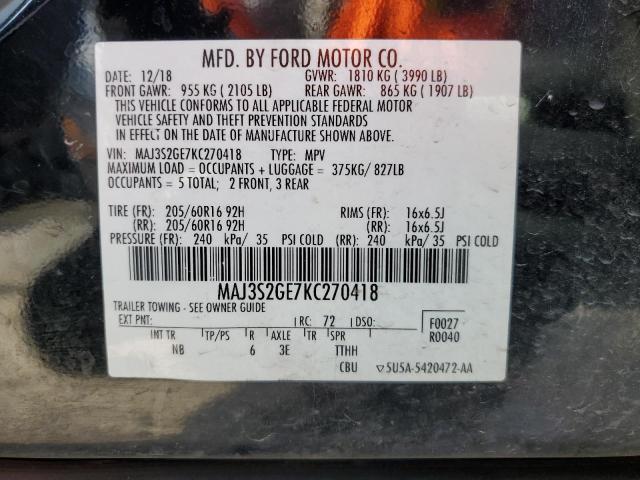 MAJ3S2GE7KC270418 - 2019 FORD ECOSPORT SE BLACK photo 12