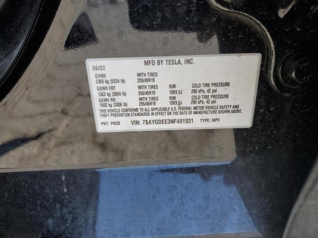7SAYGDEE3NF491931 - 2022 TESLA MODEL Y BLACK photo 12