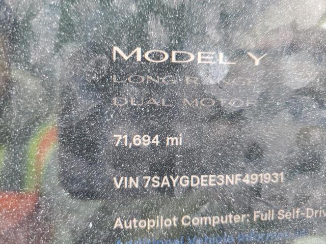7SAYGDEE3NF491931 - 2022 TESLA MODEL Y BLACK photo 9