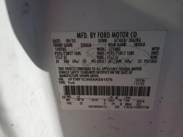 1FTMF1CW5AKE61576 - 2010 FORD F150 WHITE photo 13