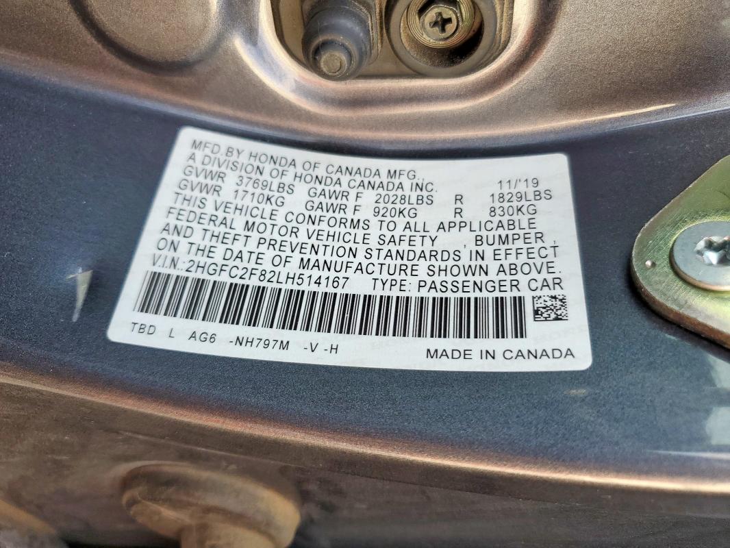 2HGFC2F82LH514167 - 2020 HONDA CIVIC SPORT 灰色 照片 12