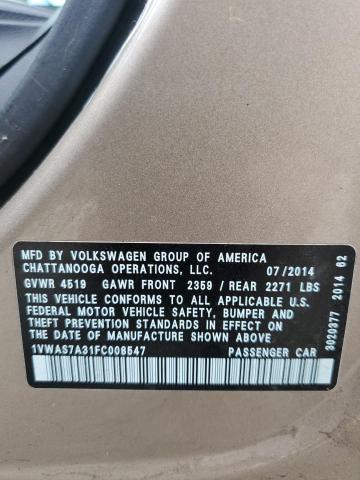 1VWAS7A31FC008547 - 2015 VOLKSWAGEN PASSAT S GOLD photo 12