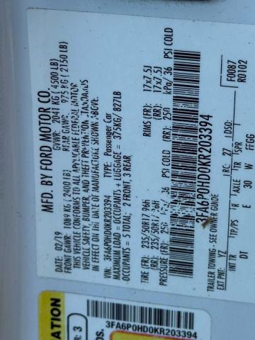 3FA6P0HD0KR203394 - 2019 FORD FUSION SE 白色 照片 11