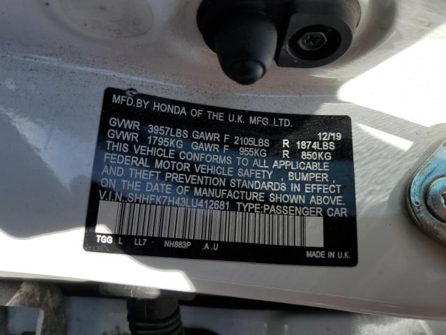 SHHFK7H43LU412681 - 2020 HONDA CIVIC SPORT თეთრი ფოტო 12