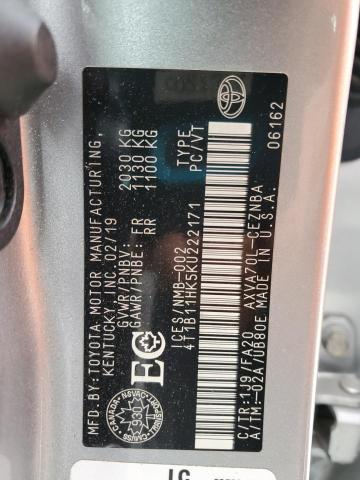 4T1B11HK5KU222171 - 2019 TOYOTA CAMRY L SILVER photo 12