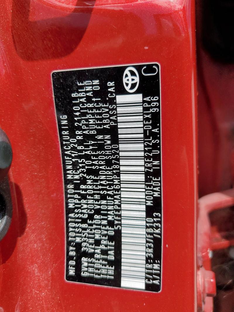 5YFEPMAE6MP187520 - 2021 TOYOTA COROLLA LE წითელი ფოტო 13