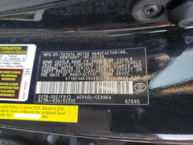 4T1BE46K39U885578 - 2009 TOYOTA CAMRY BASE BLACK photo 12